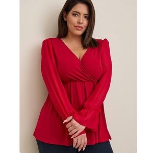 Torrid 0 L Size 12 Babydoll Studio Knit Chiffon Sleeves Surplice Top